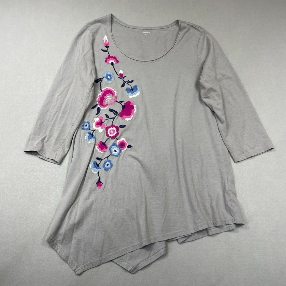 Garnet Hill Floral Embroidered Asymmetric Tunic Size L Gray Minimal Artsy Modal